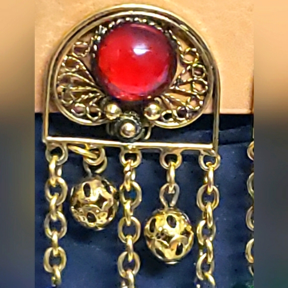 Antique Long Pretty Blue, Red, Green Cabochon Drop Dangle Beaded Earrings Matte. - Picture 2 of 8